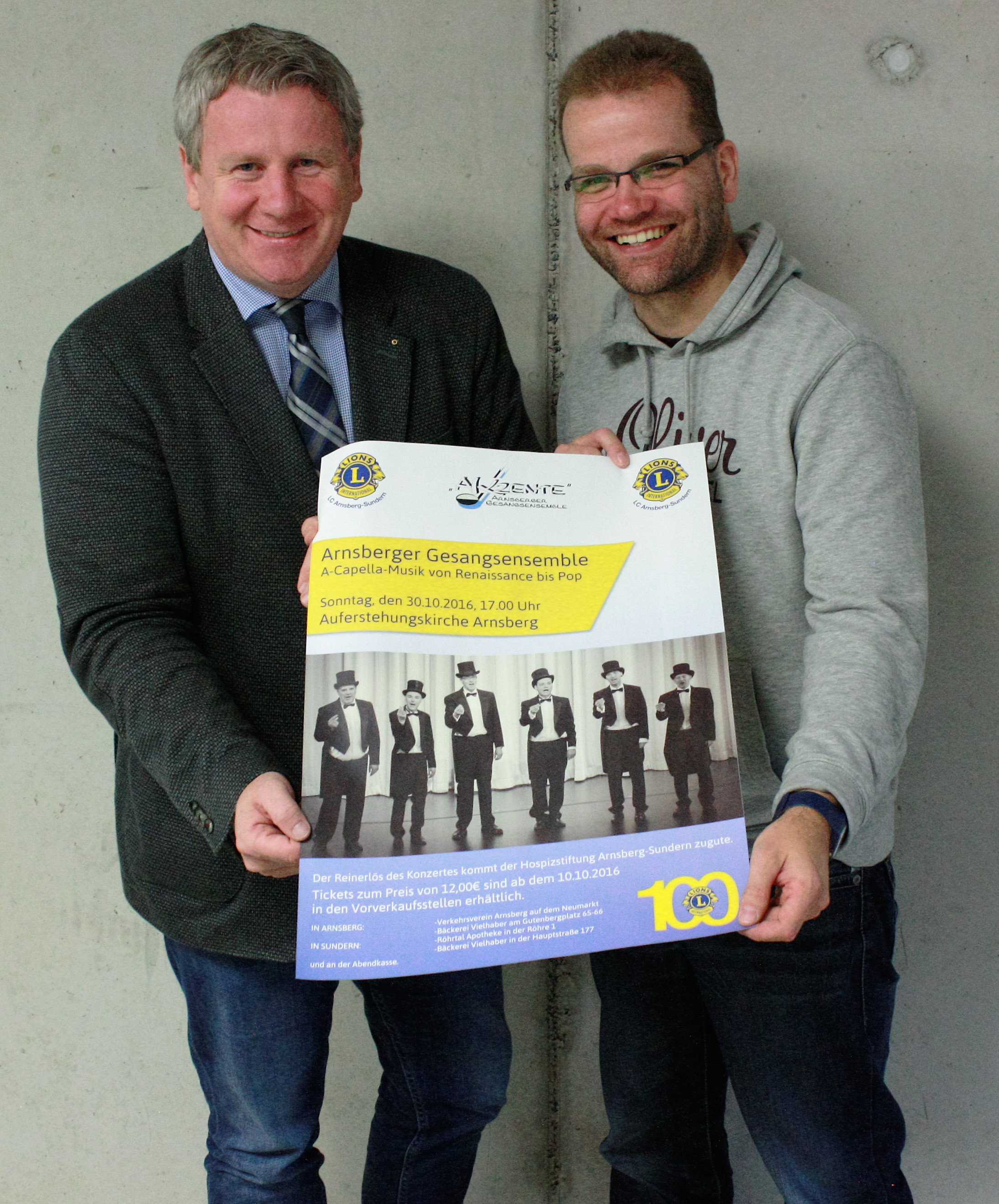 Der Lions Club lädt ein zum Benefizkonzert am 30.10.2016, (Präsident Andreas Cloer (l.) und Dr. Peter Sölken)