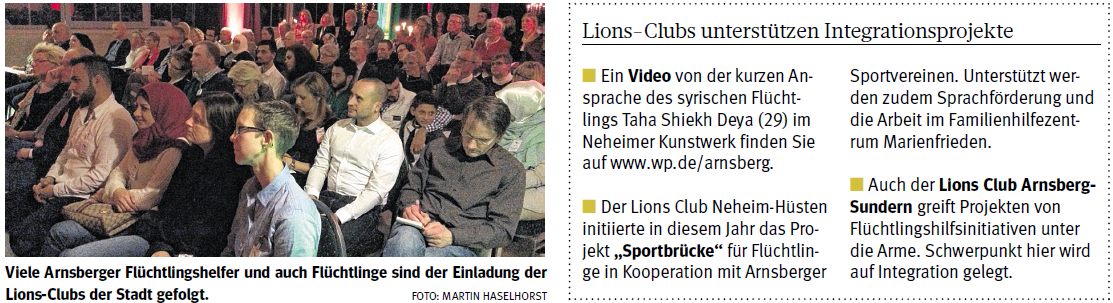 Im Neheimer Kunstwerk kommen viele Helfer aus Arnsberger Flüchtlingsinitiativen auf Einladung der beiden Lions-Clubs der Stadt zu einem bewegenden Abend zusammen.Foto: Martin Haselhorst